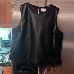 For Cynthia Sleek Black Leather and Fur Blouse